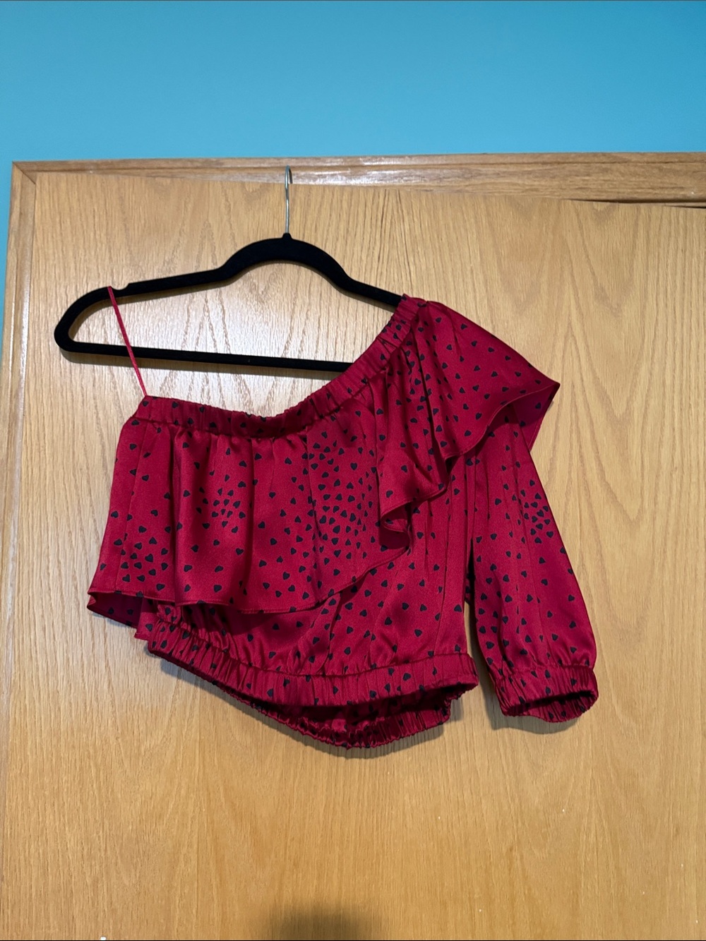 Express Red One-Shoulder Ruffle Crop Top with Black Heart Print